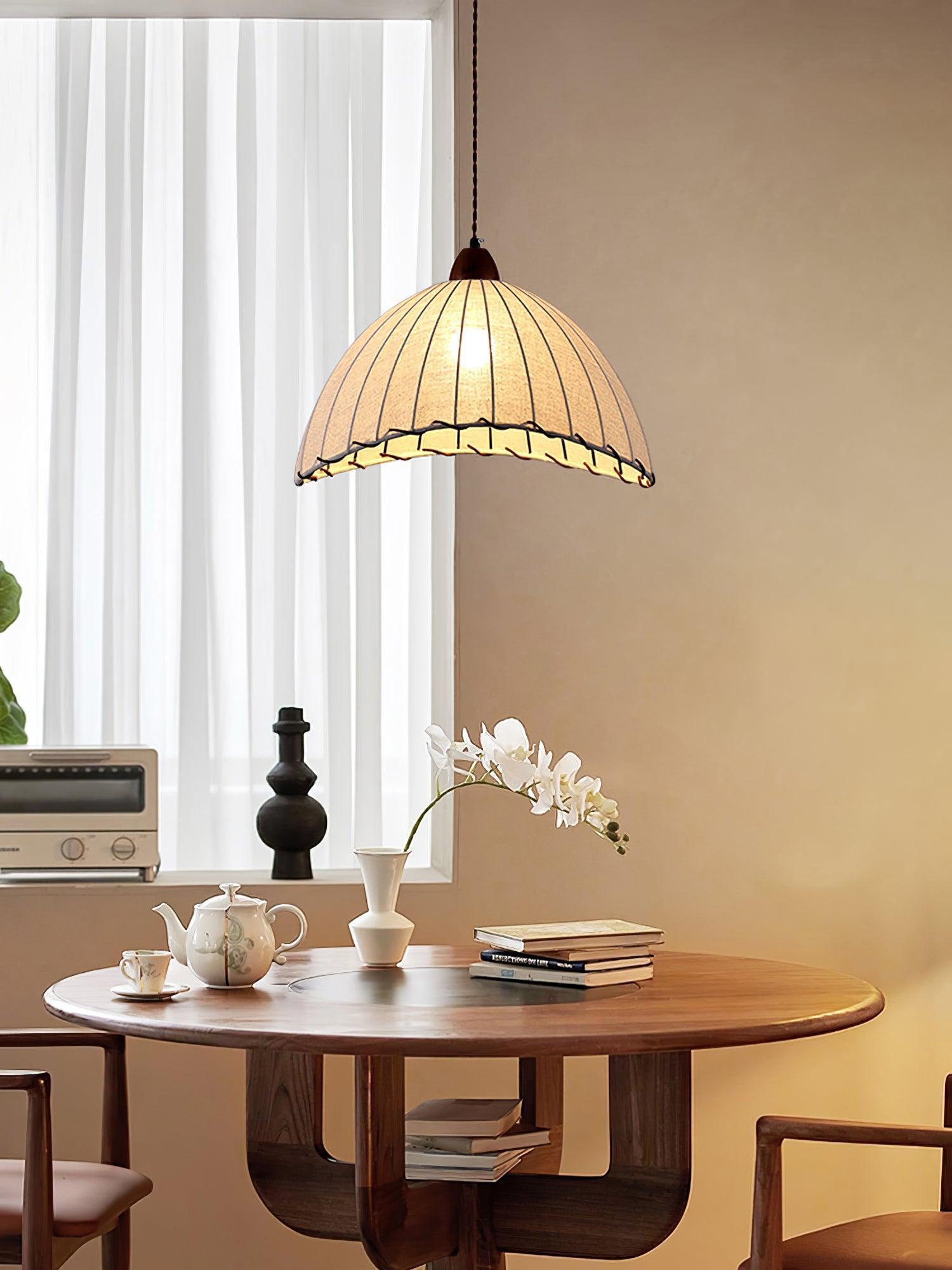 TimberLume Wood Pendant Light With Soft Fabric Shade - OpalDwell