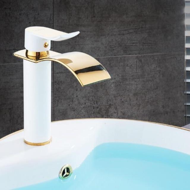 NovaFlow Gold And White Waterfall Deck Faucet With Single Handle OpalDwell
