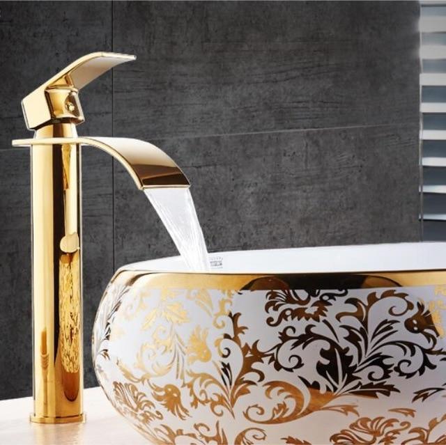 NovaFlow Gold And White Waterfall Deck Faucet With Single Handle OpalDwell