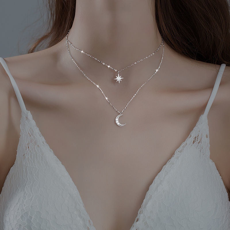 Lyra Moon Duo Necklace Light Silver Limited Edition Layered Pendant - OpalDwell