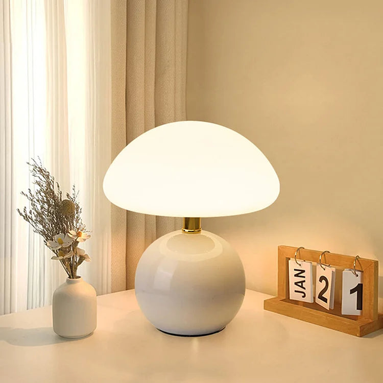Lyvara Cream Mushroom Table Lamp in Ceramic and PVC Bauhaus Style - OpalDwell