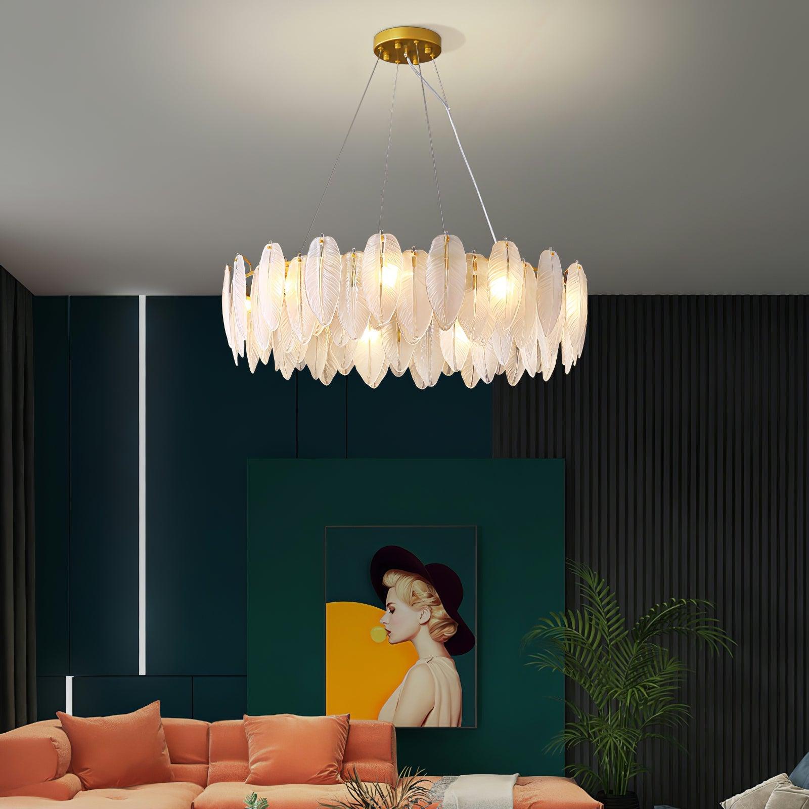 Astrae Glass Feather Chandelier With Crystal Feathers - OpalDwell
