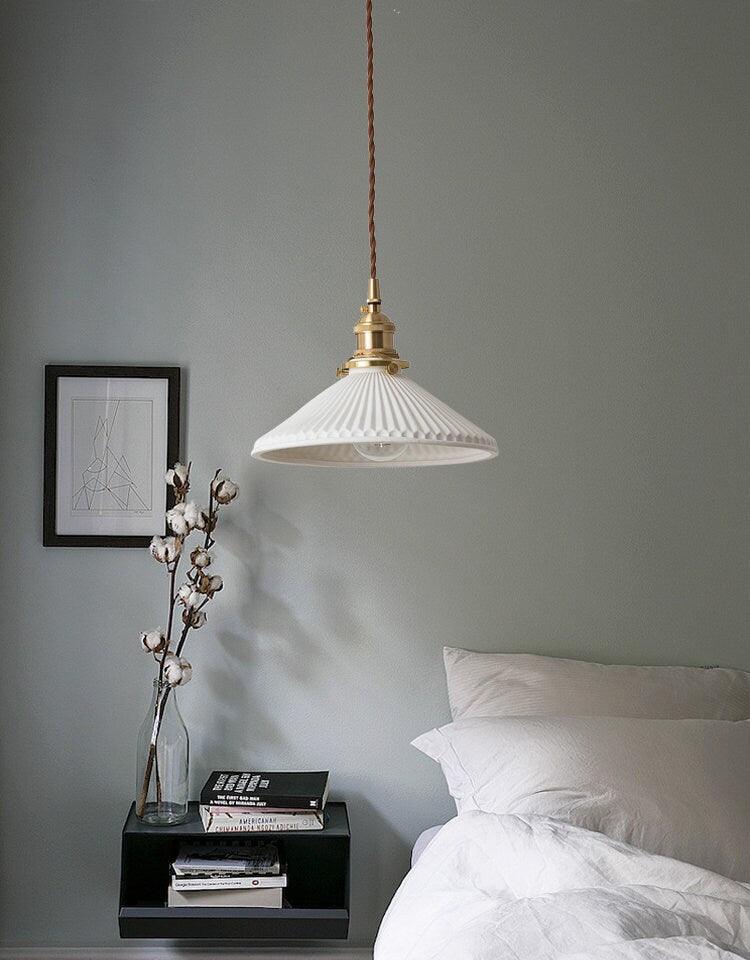 Pleated Hat-Shaped Japanese Ceramic Pendant Lamp With LED Bulb Included - OpalDwell
