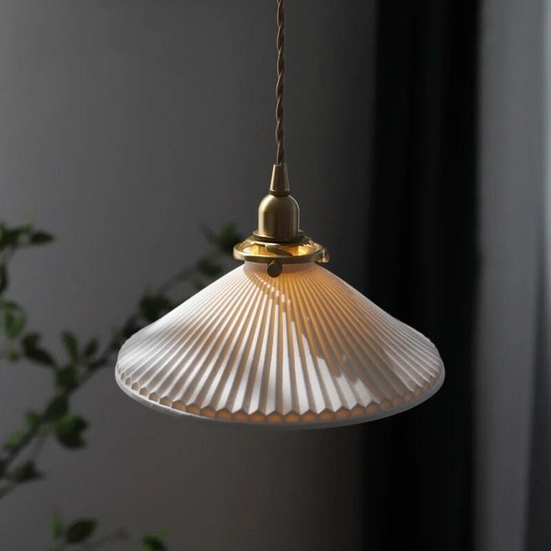 Pleated Hat-Shaped Japanese Ceramic Pendant Lamp With LED Bulb Included - OpalDwell
