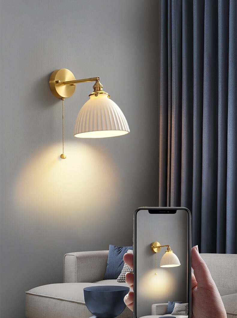 Handmade Ceramic Wall Sconce in Pleated Cup Design, Bulb Included - OpalDwell