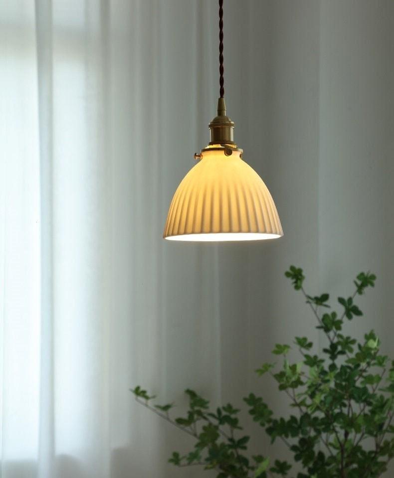 Kazumi | Ribbed Ceramic LED Pendant Light in Japanese Pleated Cup Shape, Bulb Included | OpalDwell - OpalDwell