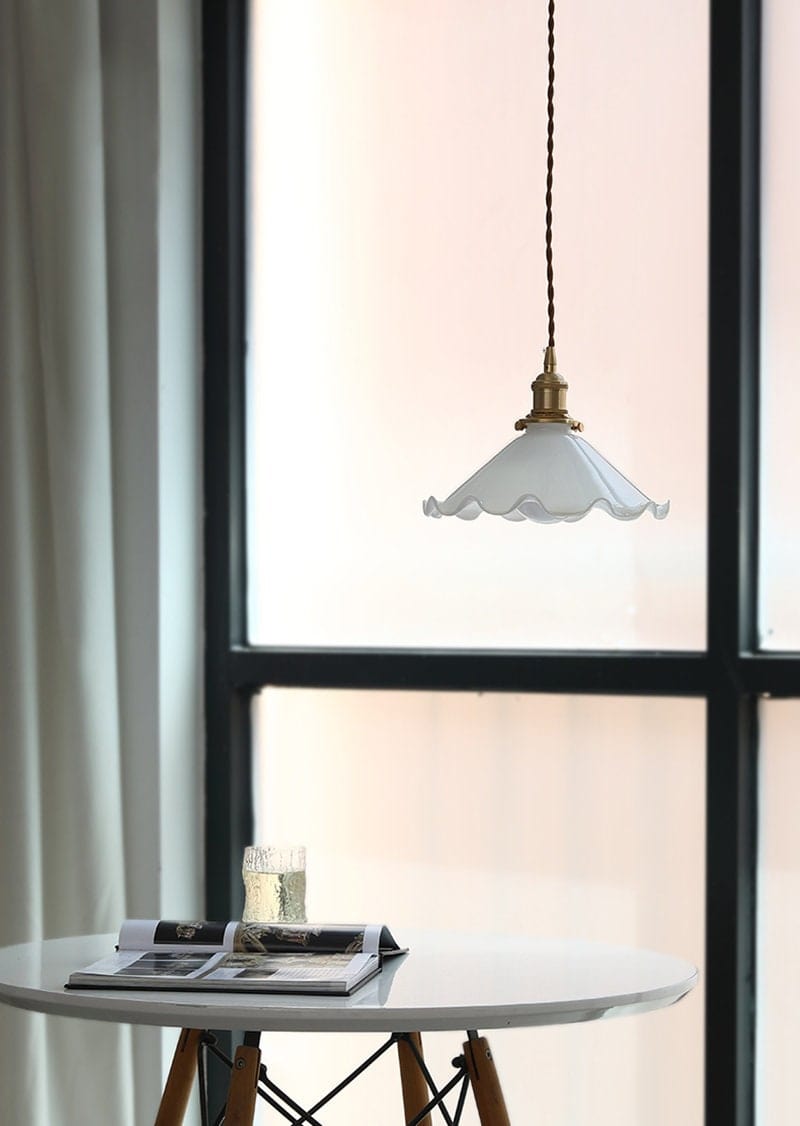 Alvara Vintage White Opaline Glass Flower LED Pendant Light With Brushed Brass Lamp Holder, Bulb Included | OpalDwell - OpalDwell