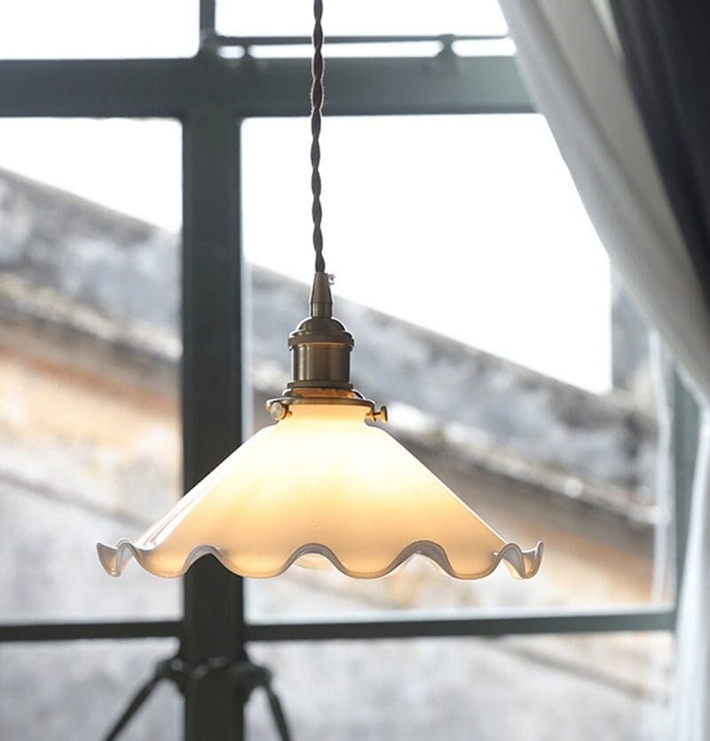 Alvara Vintage White Opaline Glass Flower LED Pendant Light With Brushed Brass Lamp Holder, Bulb Included | OpalDwell - OpalDwell