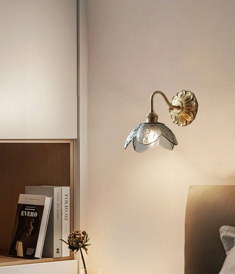 Lyra Lotus Wall Light Seeded Glass Brushed Brass Sconce - OpalDwell