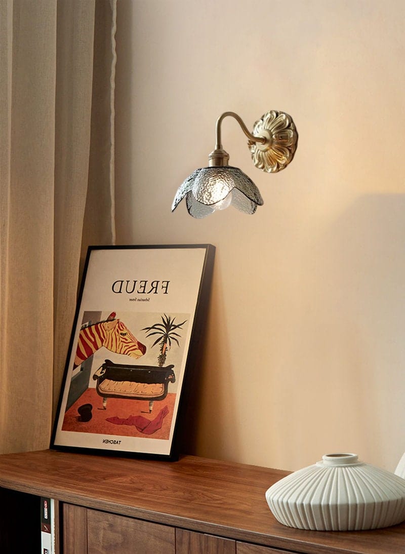 Lyra Lotus Wall Light Seeded Glass Brushed Brass Sconce - OpalDwell