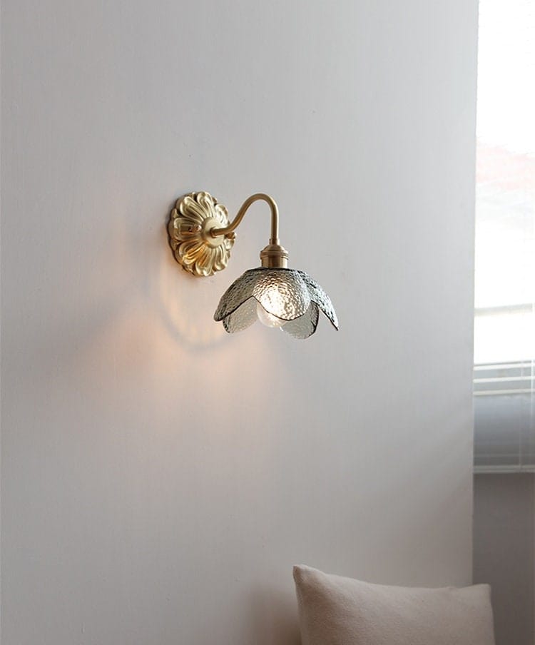 Lyra Lotus Wall Light Seeded Glass Brushed Brass Sconce - OpalDwell