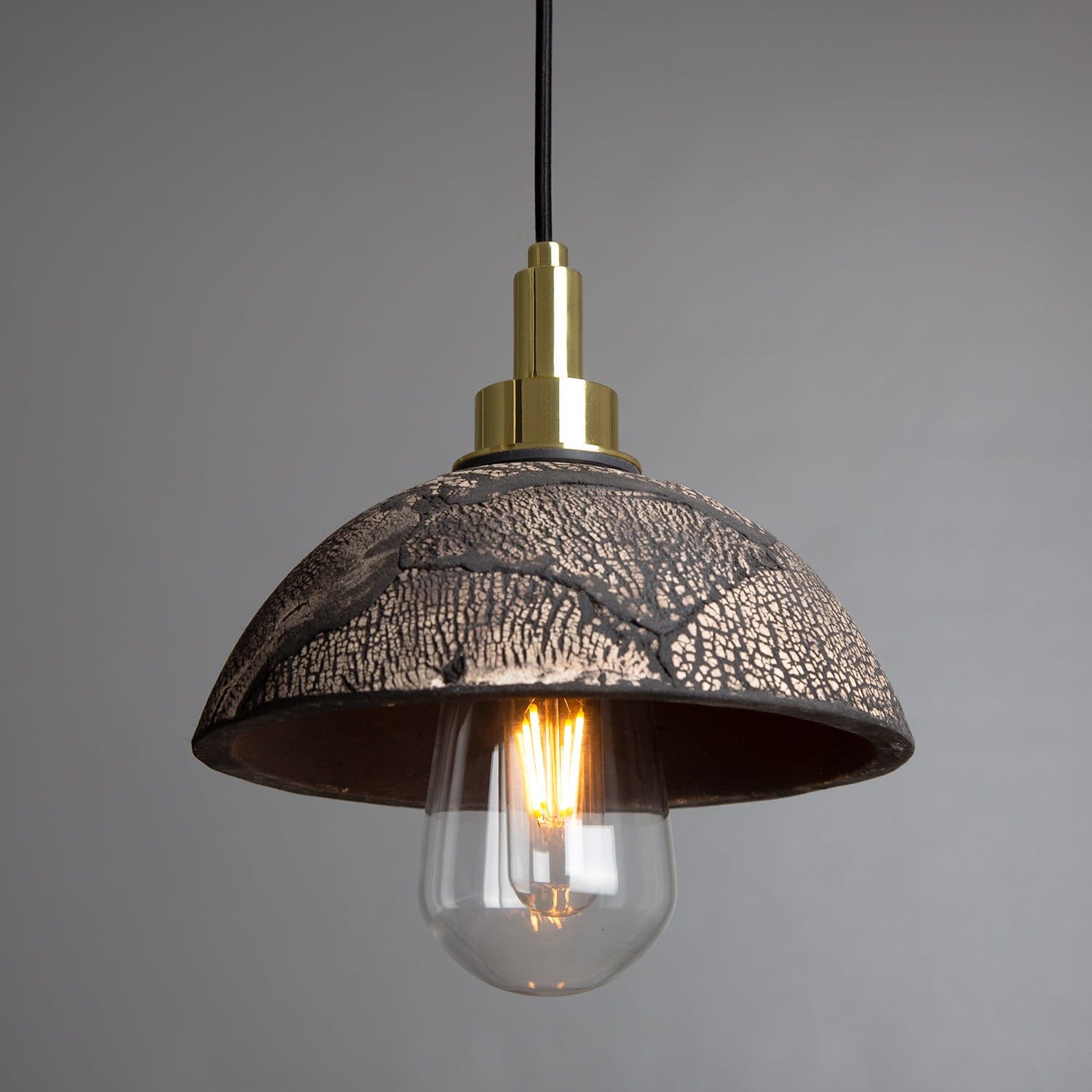 Elowen | 20cm Ceramic Dome Pendant Light For Bathroom, Black Clay, IP44 OpalDwell