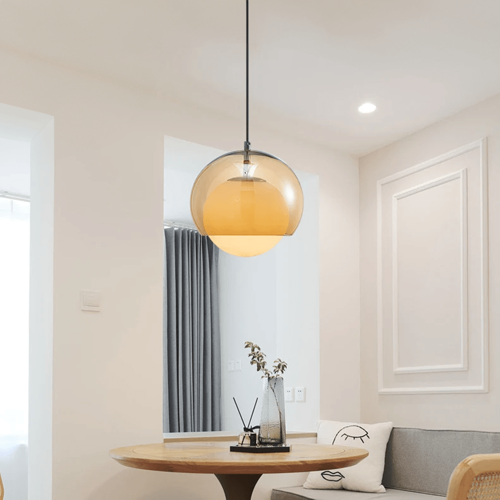 LumaNova Milky Glass Globe Pendant Light With Warm Brown Shade - OpalDwell