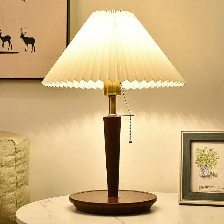 CedarGlow Retro Wood Table Lamp with Pleated Design - OpalDwell