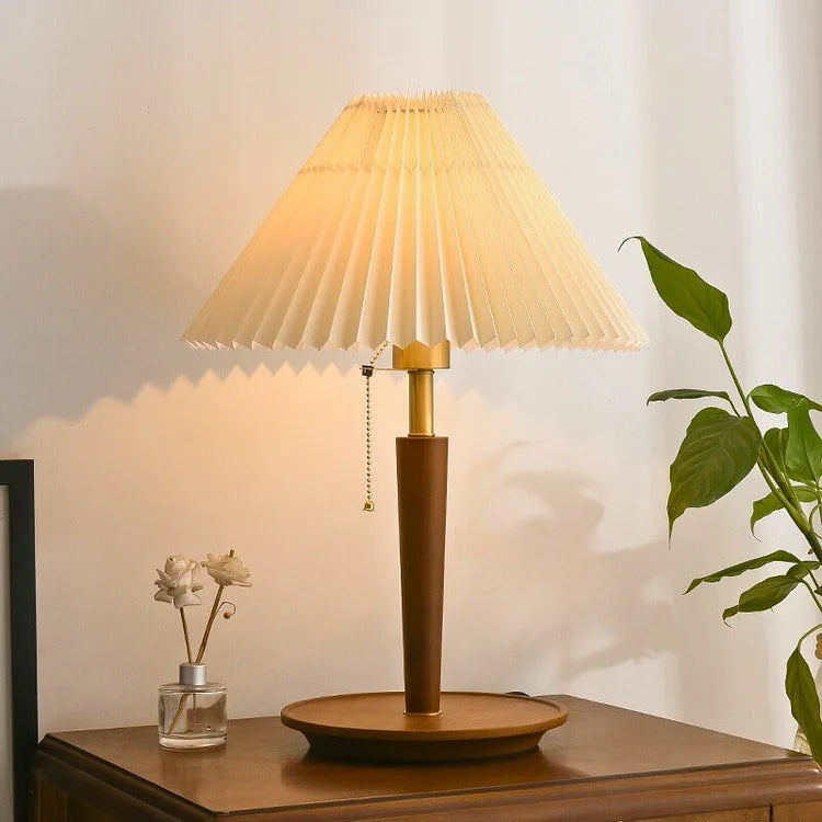 CedarGlow Retro Wood Table Lamp with Pleated Design - OpalDwell