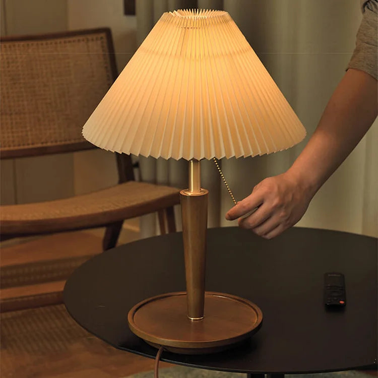 CedarGlow Retro Wood Table Lamp with Pleated Design - OpalDwell
