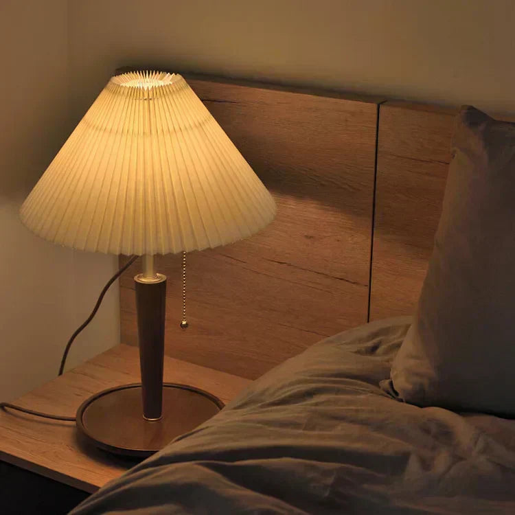 CedarGlow Retro Wood Table Lamp with Pleated Design - OpalDwell