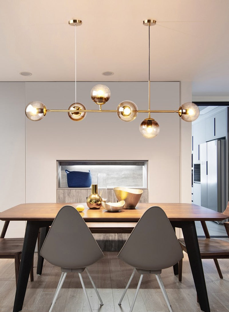 Solara Six-Sphere Amber Glass Pendant Light with Gold Rods - OpalDwell