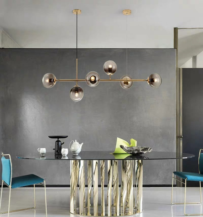Solara Six-Sphere Amber Glass Pendant Light with Gold Rods - OpalDwell