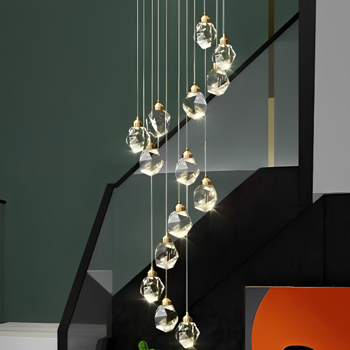 NyraLace Spiral Crystal Droplets Pendant Chandelier for Staircases and Hallways - OpalDwell