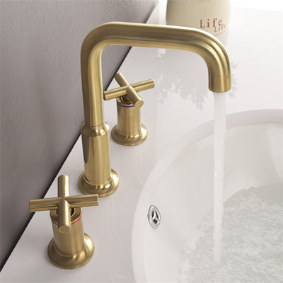 Brushed Gold Widespread Waterfall Faucet for Three-Hole Bathroom Sink | OpalDwell OpalDwell