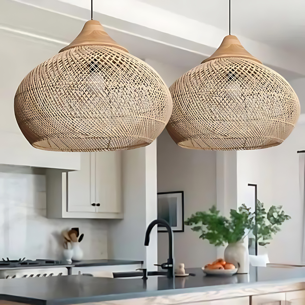 Kevara Rattan Ceiling Lamp Handwoven Boho Pendant Light With Natural Shade - OpalDwell