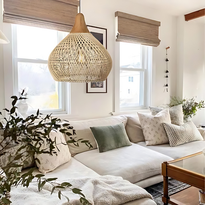 Kevara Rattan Ceiling Lamp Handwoven Boho Pendant Light With Natural Shade - OpalDwell