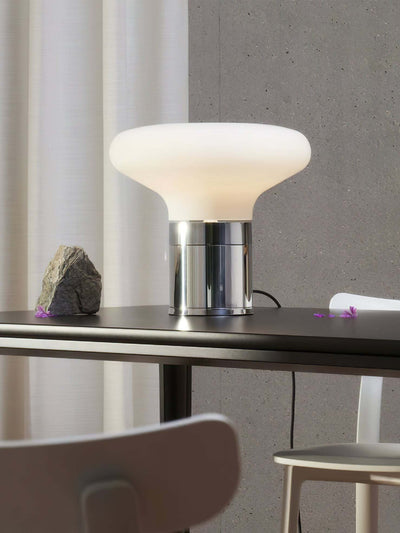 Modern Glass Table Lamp With Chrome Base - StudioAura Ambience - OpalDwell