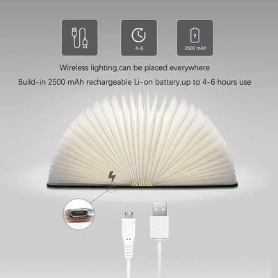 LumaLeaf Foldable Book Light for Bedside Reading Cordless LED Lamp in Wood Finish - OpalDwell