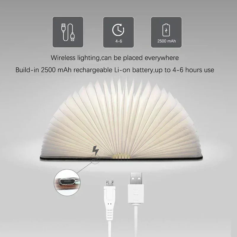 LumaLeaf Foldable Book Light for Bedside Reading Cordless LED Lamp in Wood Finish - OpalDwell