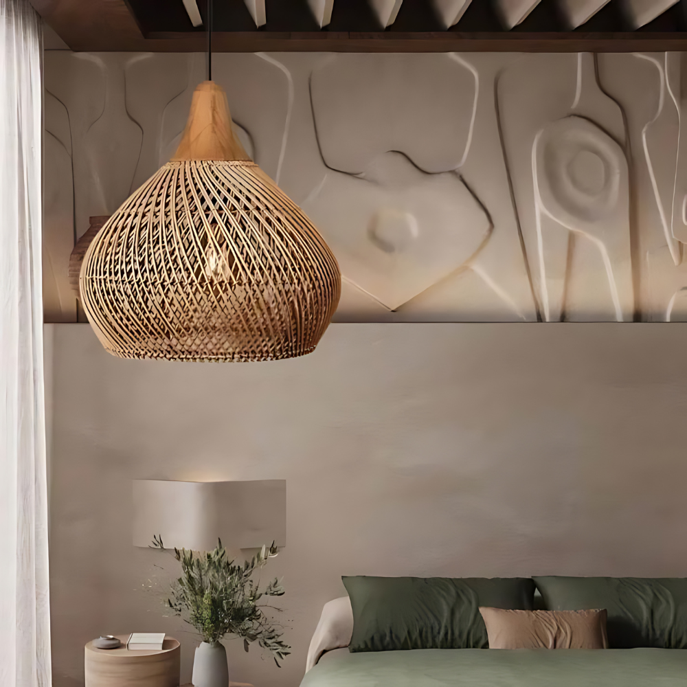 Kevara Rattan Ceiling Lamp Handwoven Boho Pendant Light With Natural Shade - OpalDwell