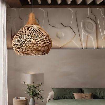 Kevara Rattan Ceiling Lamp Handwoven Boho Pendant Light With Natural Shade - OpalDwell