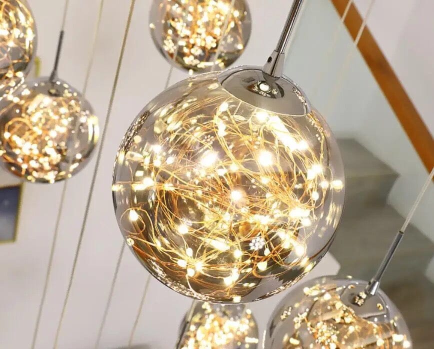 LuminaOrb Glass Orb Staircase Chandelier With Soft Ambient Glow - OpalDwell