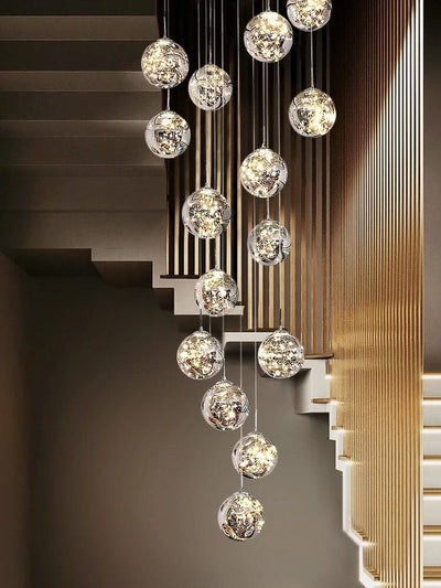 LuminaOrb Glass Orb Staircase Chandelier With Soft Ambient Glow - OpalDwell