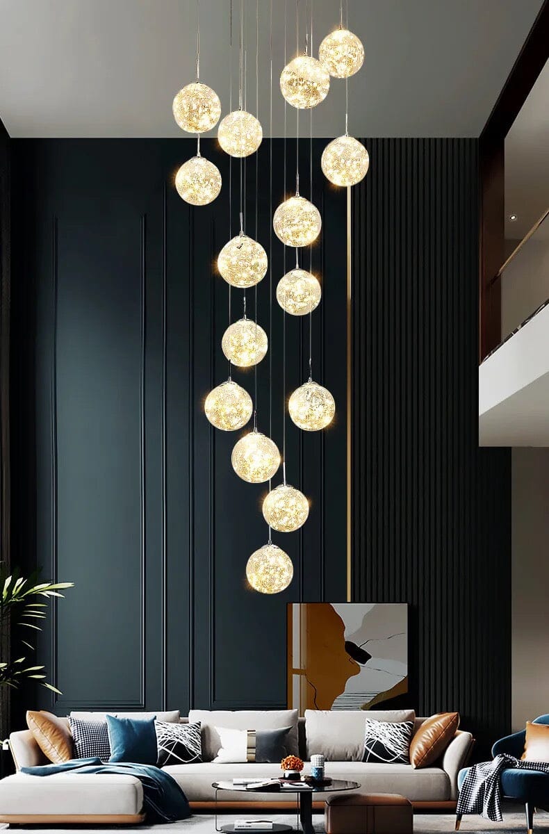 LuminaOrb Glass Orb Staircase Chandelier With Soft Ambient Glow - OpalDwell