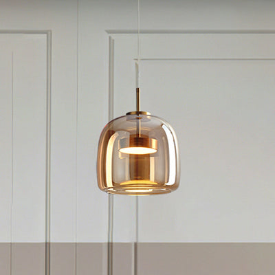 Solara Retro LED Pendant Light in Gold Metal Amber Glass OpalDwell