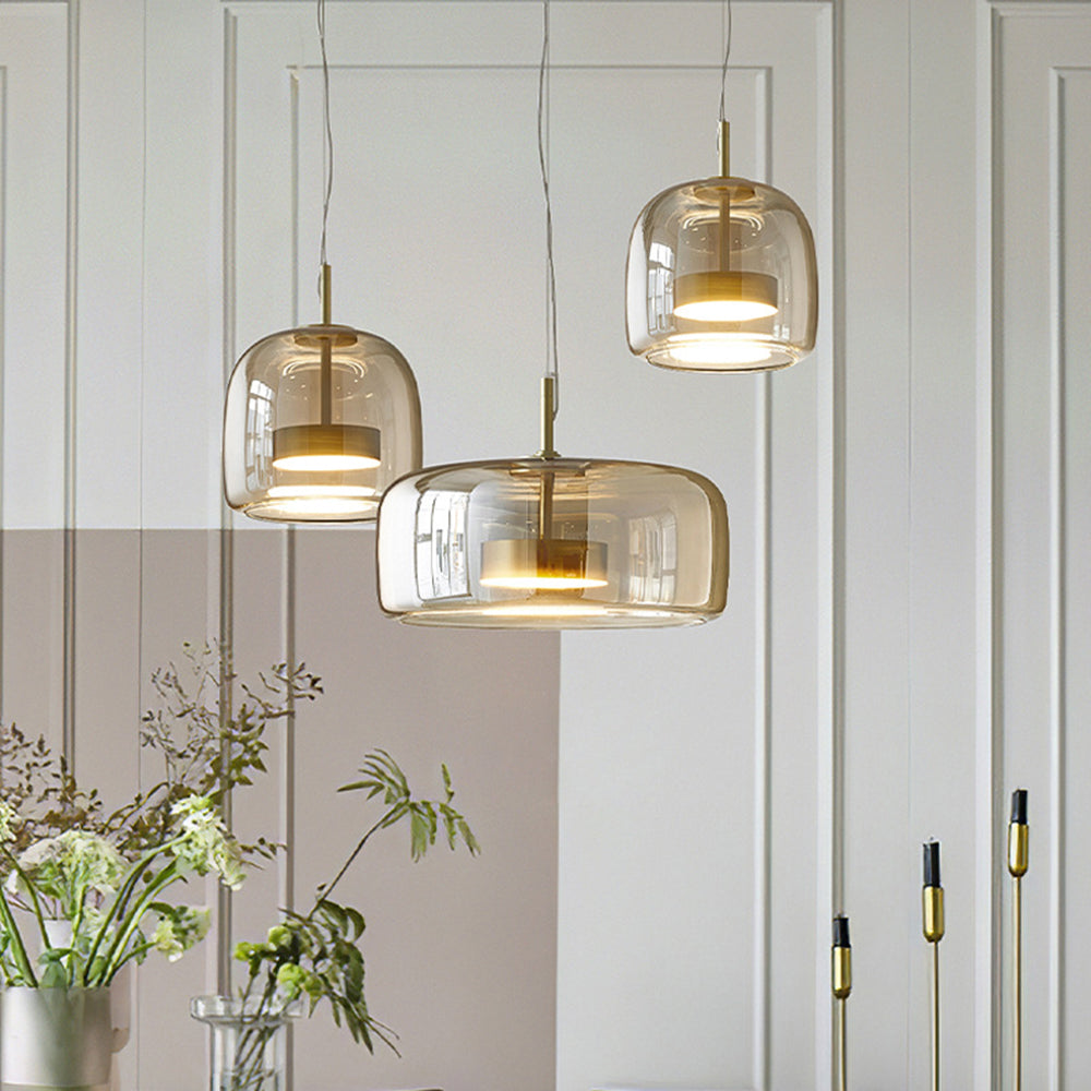 Solara Retro LED Pendant Light in Gold Metal Amber Glass OpalDwell
