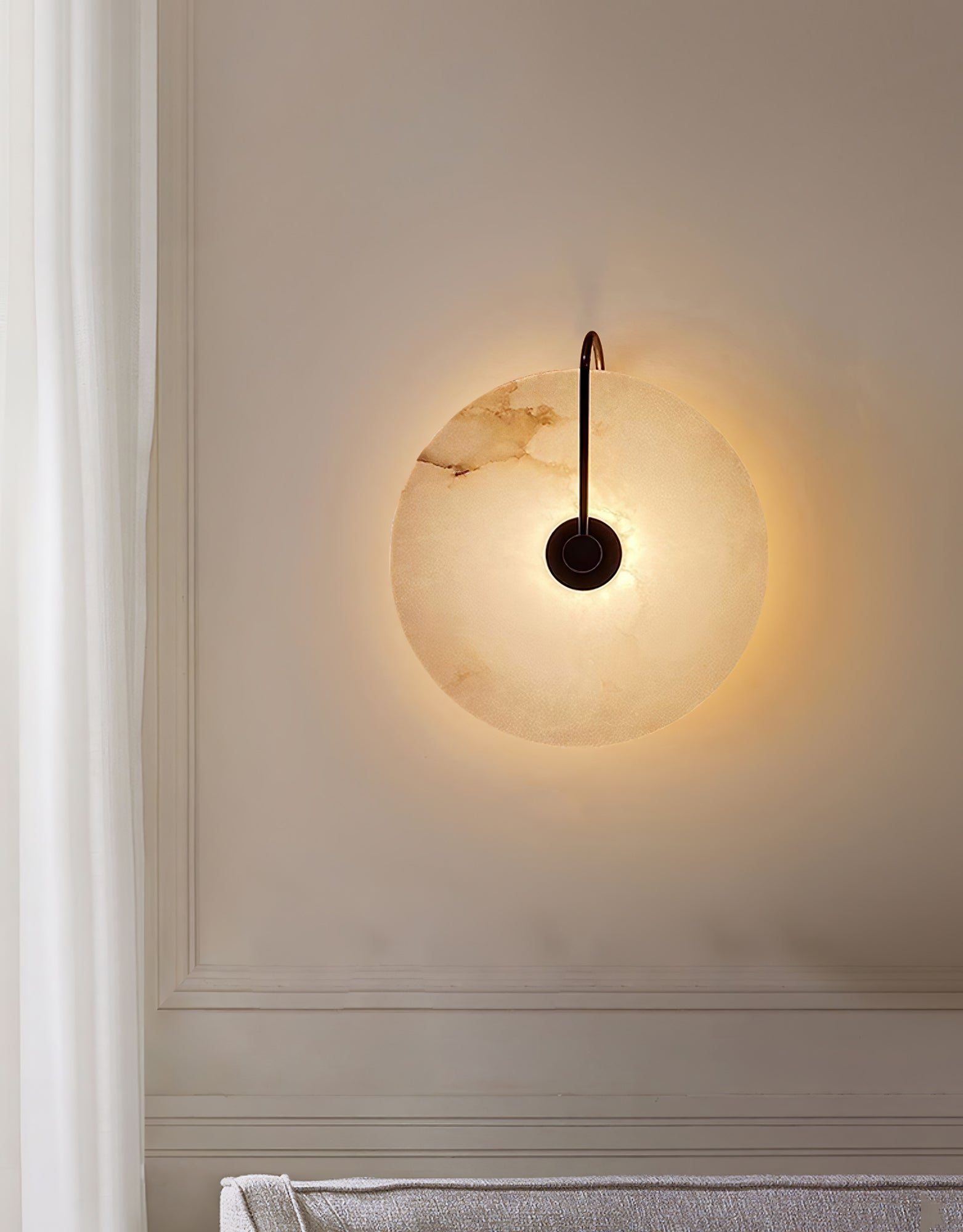 CelesteLume Alabaster LED Disc Sconce with Black Arm - OpalDwell