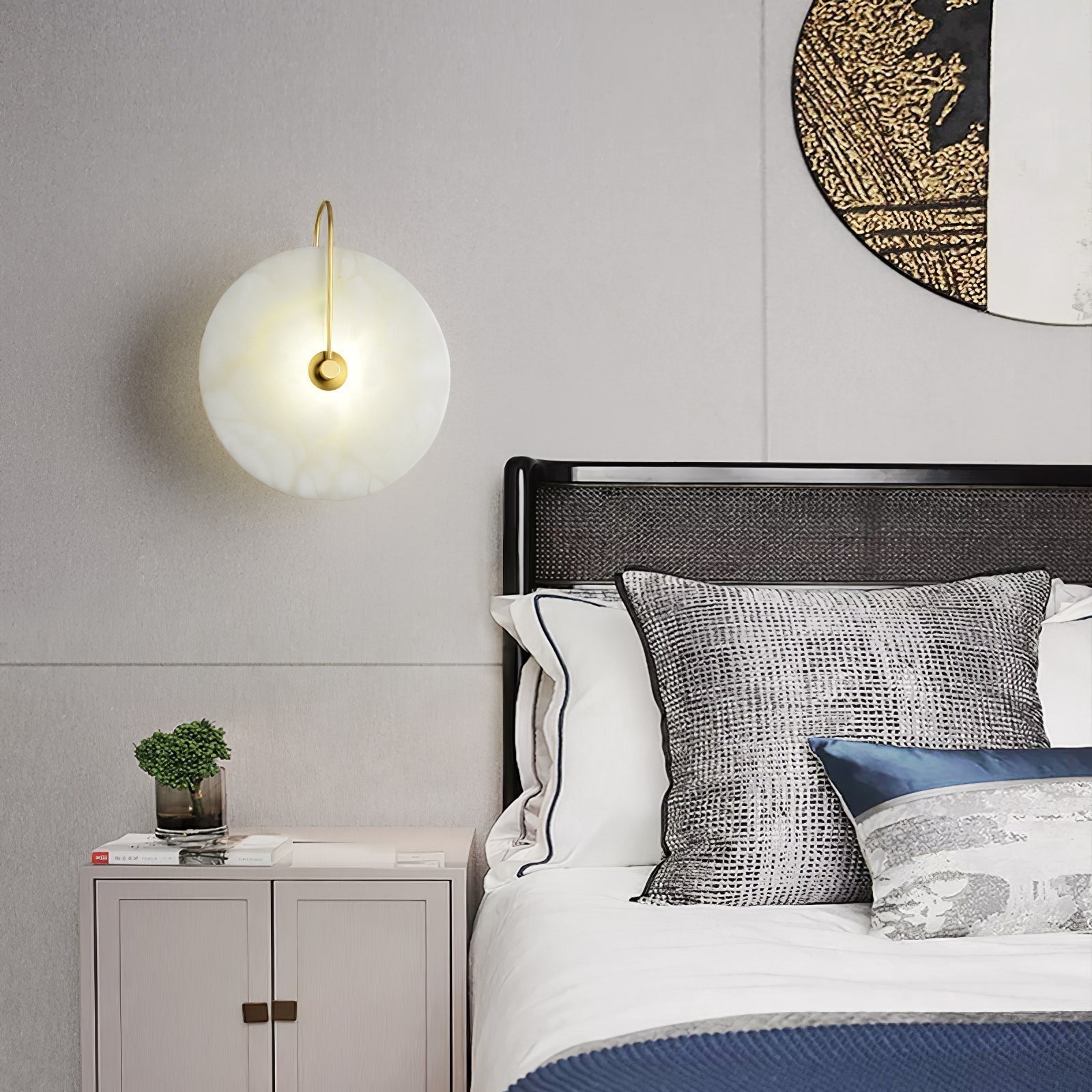 CelesteLume Alabaster LED Disc Sconce with Black Arm - OpalDwell