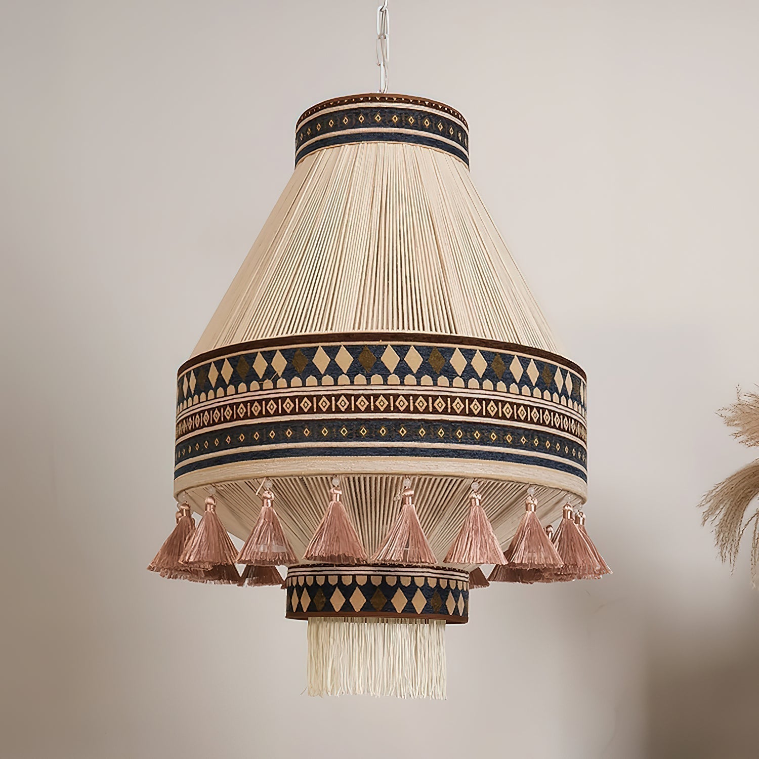 Astraea Boho Fringe Pendant Lamp with Geometric Weave - OpalDwell