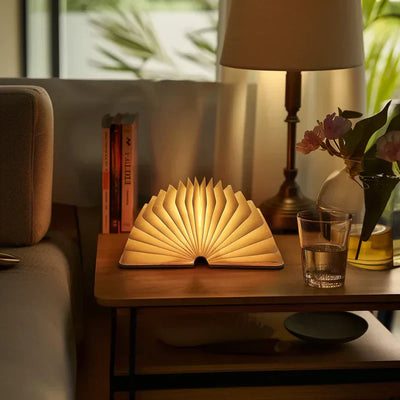 LumaLeaf Foldable Book Light for Bedside Reading Cordless LED Lamp in Wood Finish - OpalDwell