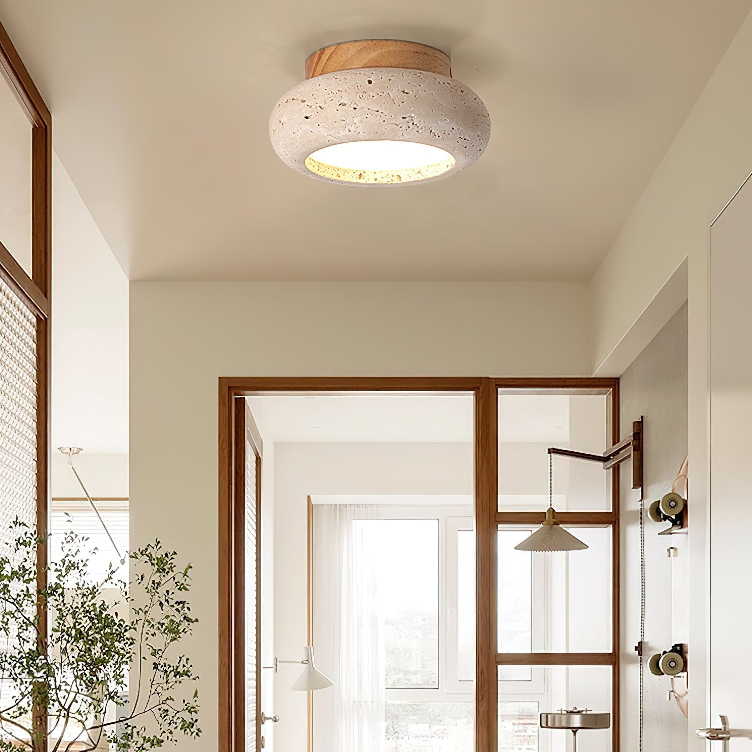 TerraLuxe Ring Ceiling Light Travertine Wood Mini Donut - OpalDwell