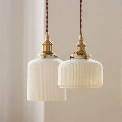 Hanaori | Japanese-Style Ribbed Ceramic Cylinder Pendant Light with LED Bulb Included OpalDwell
