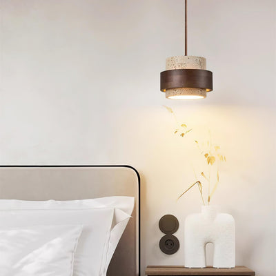Aurelian Travertine Pendant Light with Walnut Wood Band OpalDwell