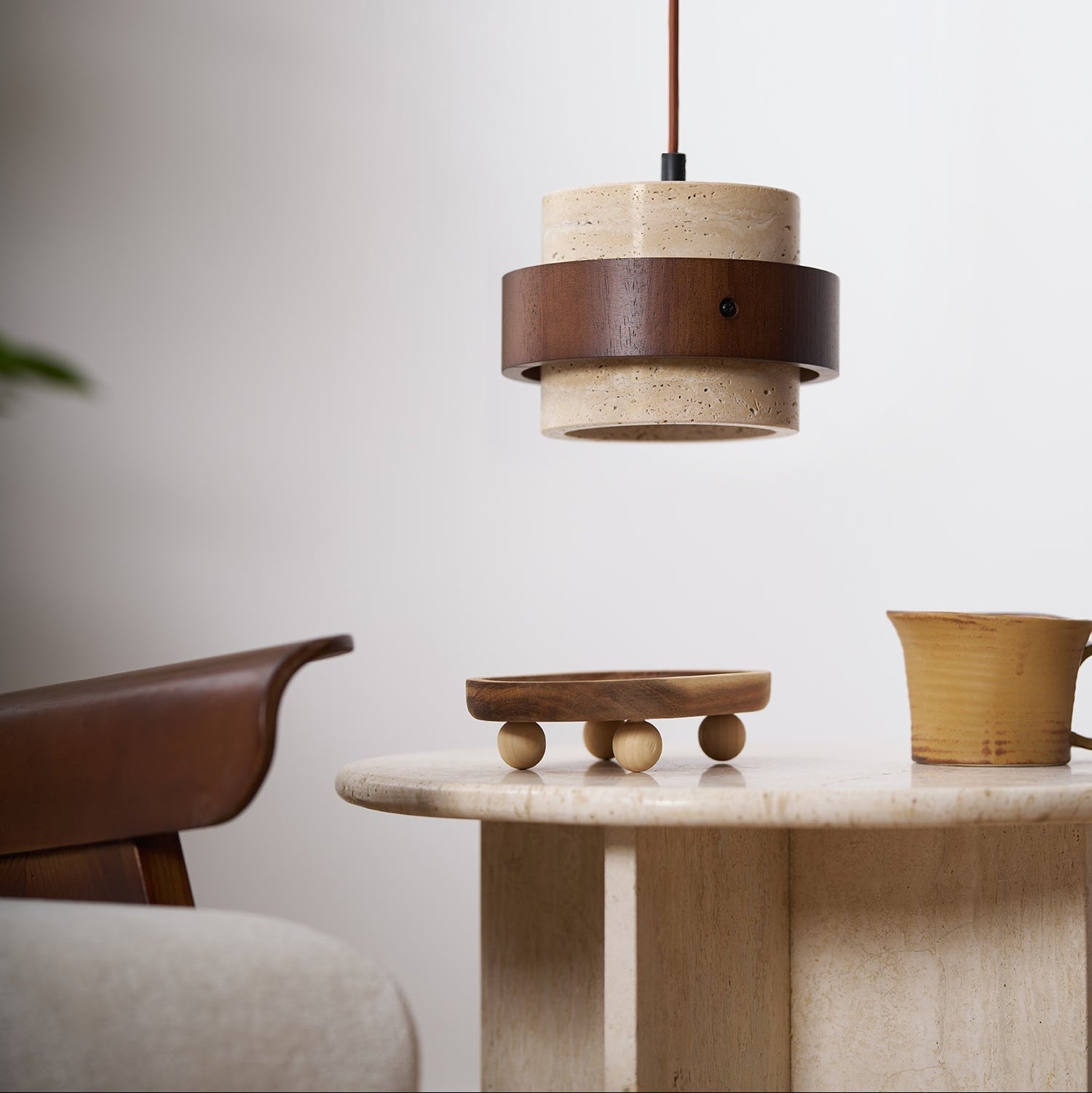 Aurelian Travertine Pendant Light with Walnut Wood Band OpalDwell