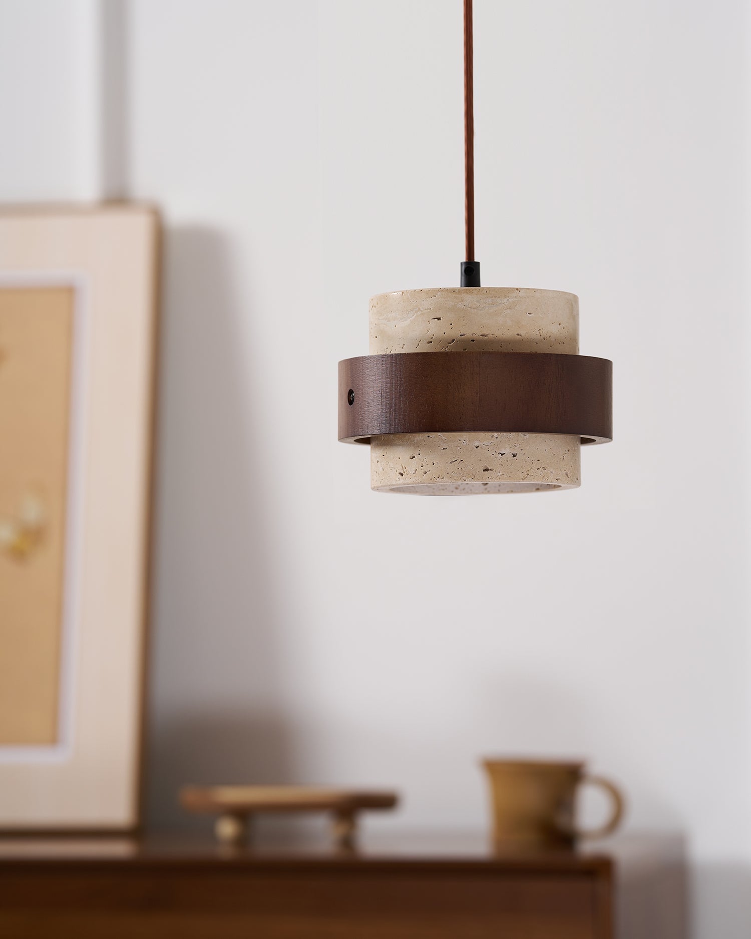 Aurelian Travertine Pendant Light with Walnut Wood Band OpalDwell