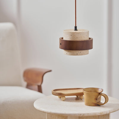Aurelian Travertine Pendant Light with Walnut Wood Band OpalDwell