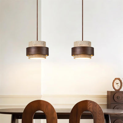 Aurelian Travertine Pendant Light with Walnut Wood Band OpalDwell