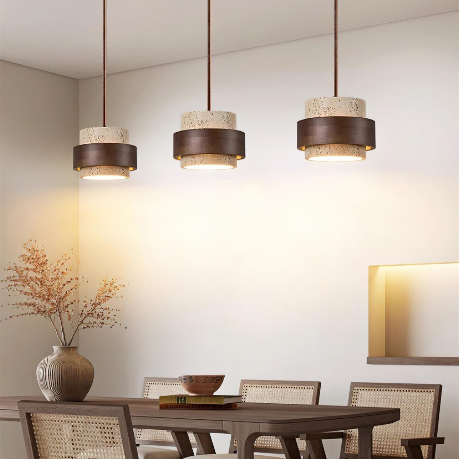 Aurelian Travertine Pendant Light with Walnut Wood Band OpalDwell