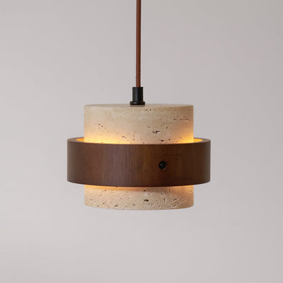 Aurelian Travertine Pendant Light with Walnut Wood Band OpalDwell
